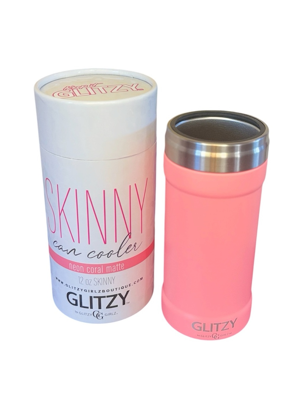 Glitzy Girlz Skinny Can Cooler - Neon Coral Matte, 12oz
